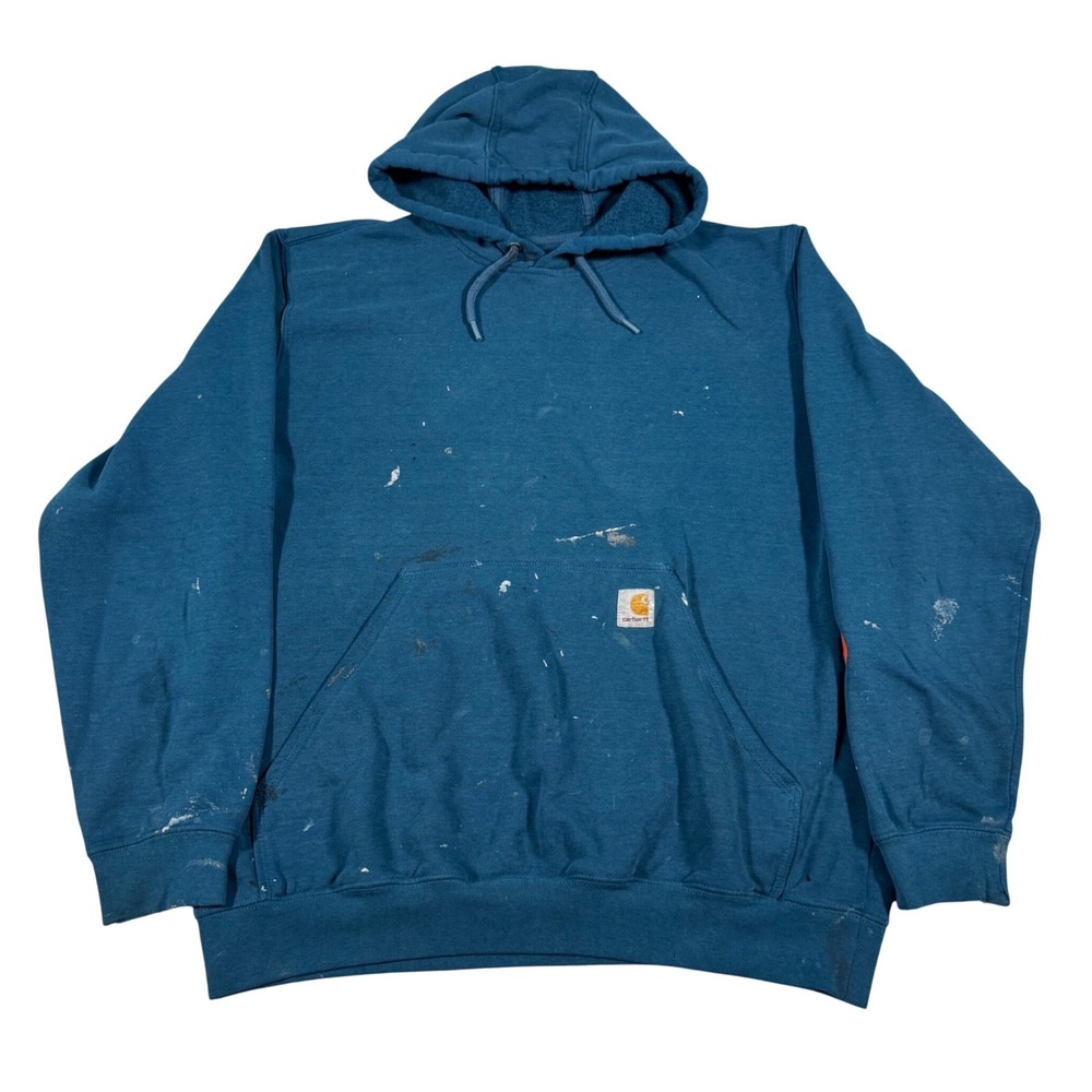 Carhartt Hoodie Mens M Blue Distressed Paint Splatter Sleeve Logo Workwear